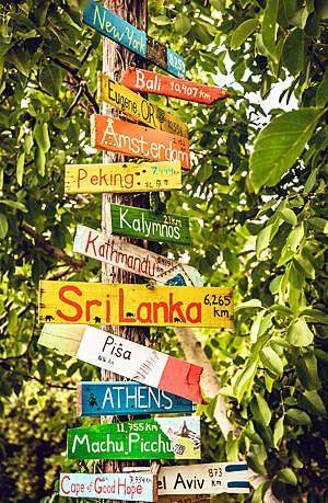 Directions signpost with distance to many different countries, cities and places.