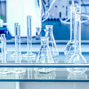 Close-up of laboratory glassware.
