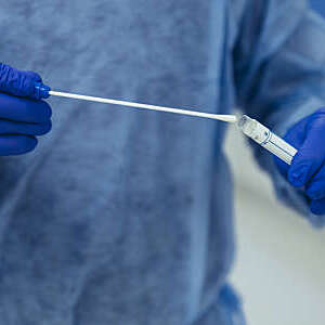 Gloved hands of a hospital emergency doctor placing a swab into a tube after testing.