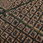 Aerial view of typical buildings of Barcelona cityscape from helicopter. top view, Eixample residencial famous urban grid